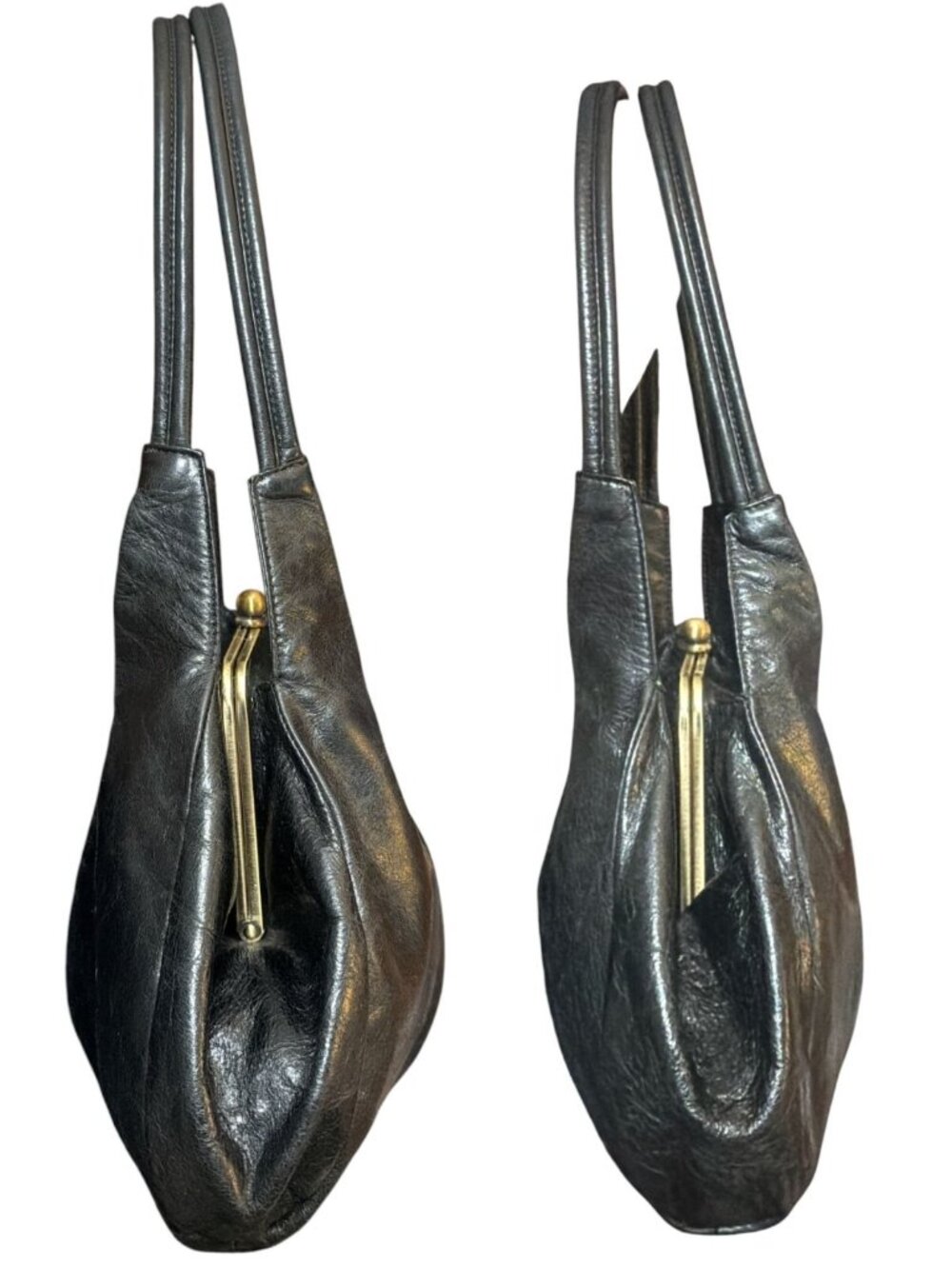 VTG HOBO Blanche Bag Black Glazed Nappa Leather Fortune Cookie Frame Satchel Y2K - Picture 6 of 10